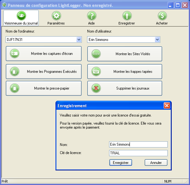 LightLogger Keylogger Dialogue d'inscription