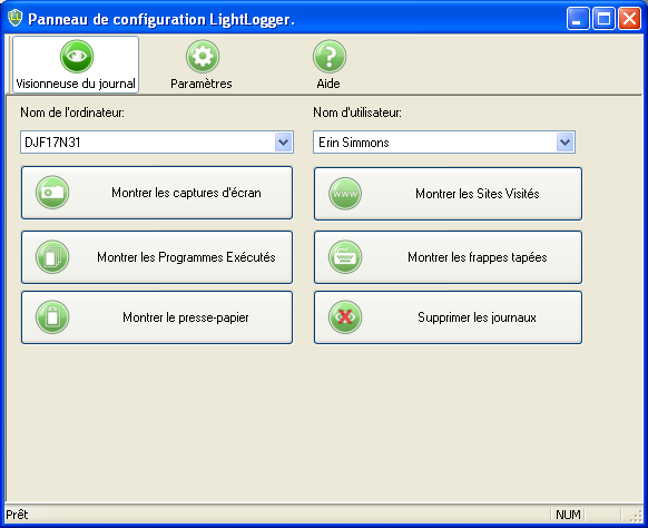 LightLogger Keylogger Page de Visionneuse du journal