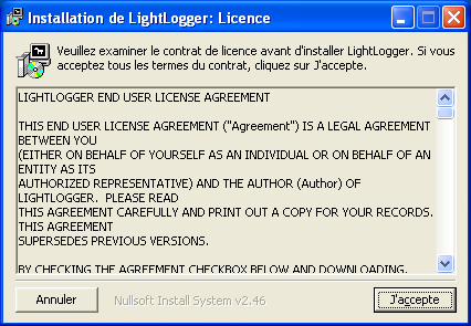 LightLogger Keylogger Dialogue du Contrat de licence