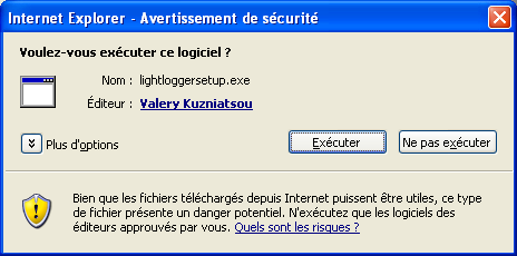 LightLogger Keylogger Avertissement de sécurité