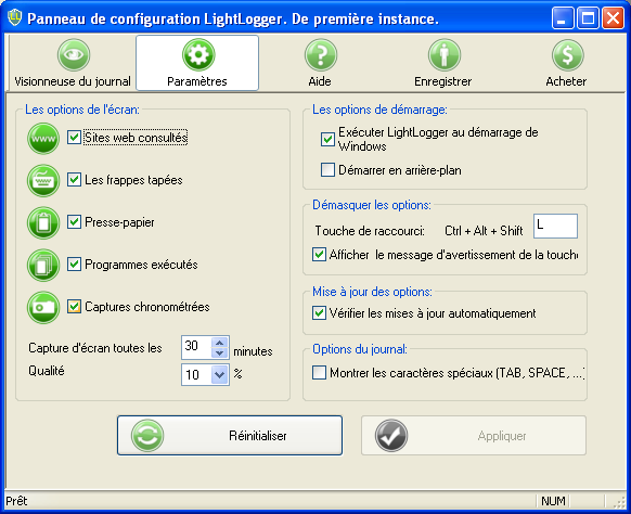 LightLogger Keylogger Page Paramètres