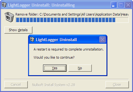 LightLogger Keylogger Dialogue de Confirmation de desinstallation