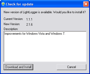 LightLogger Keylogger Dialogue de vérification des mises à jour