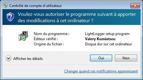 LightLogger Keylogger Dialogue du contrôle du compte de l'utilisateur