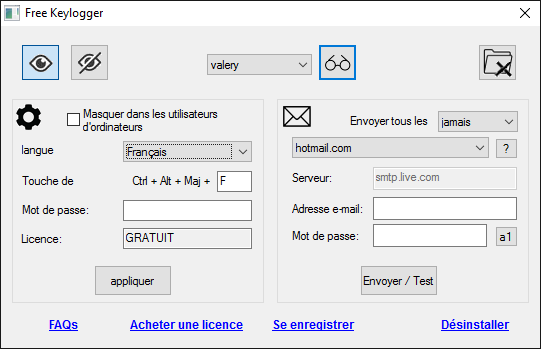 LightLogger Keylogger Gratuit Interface Utilisateur