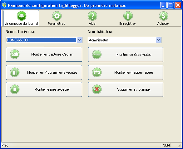 LightLogger Keylogger onglet Affichage Connexion