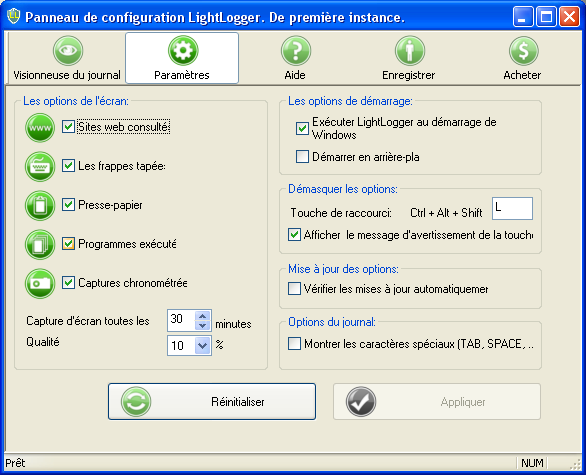 LightLogger Keylogger Onglet Paramètres